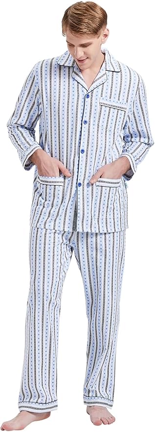 GLOBAL Men's Pajamas Sets 100% Cotton Flannel Sleepwear Long-Sleeve top & Bottom