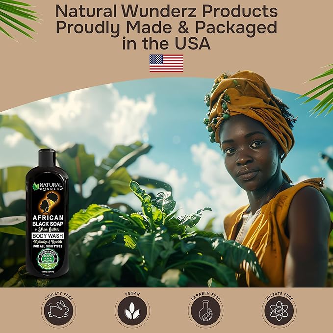 Natural Wunderz African Black Soap Body Wash, 12 oz – Sulfate‑Free, Vegan Cleanser with Shea Butter – Soothing, Detoxifying Shower Gel for Men & Women