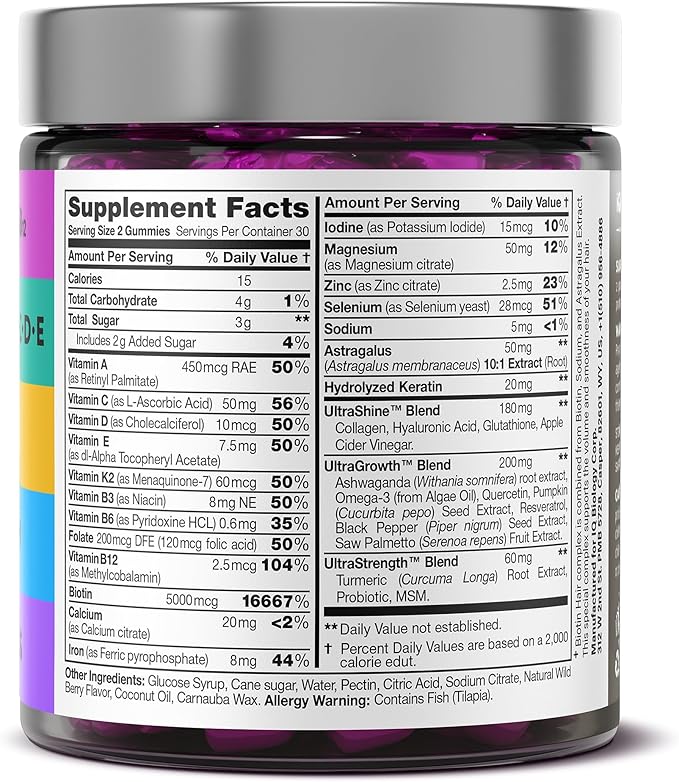 Hair Skin and Nails Gummies with Biotin Collagen Keratin Astragalus - Hair Growth Supplement & Hair Vitamins for Hair Loss for Women & Men, Hair Skin and Nails Multivitamin B7 Gummies, 60 Gummy Bears