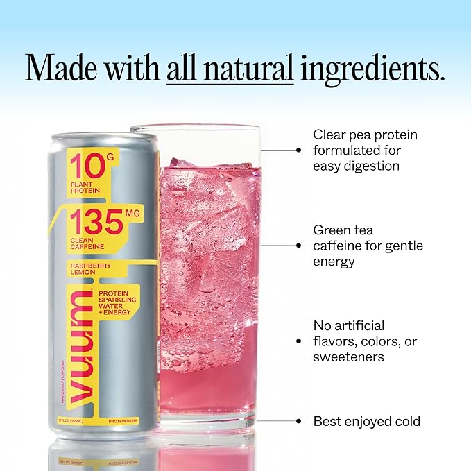 VUUM Sparkling Clear Protein Drink - 10g Plant Protein, Natural Pre Workout Energy Drink, Plant Based, Natural Caffeine, Sugar-Free Protein Drink - Raspberry Lemon, 12 Fl Oz (12 Pack)