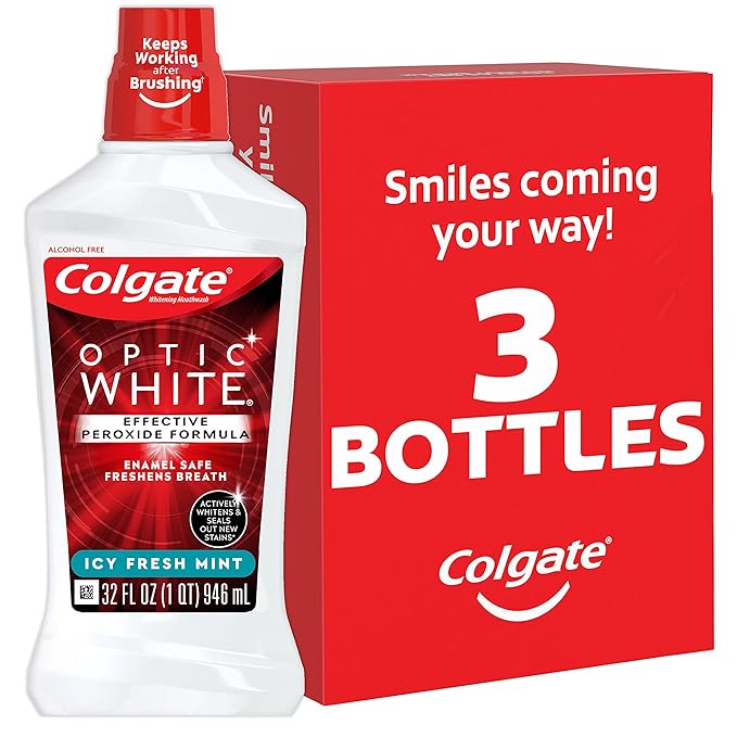 Colgate Optic White Whitening Mouthwash, Fresh Mint - 946mL, 32 Fluid Ounce (3 Pack)