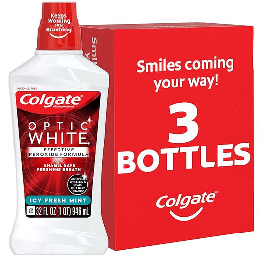 Colgate Optic White Whitening Mouthwash, Fresh Mint - 946mL, 32 Fluid Ounce (3 Pack)