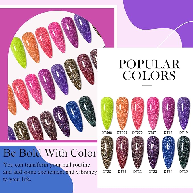 MEET ACROSS Reflective Glitter Gel Nail Polish Set for Christmas Nails 12 Colors Including Pink Red Purple Holographic Gel Polish Kit UV LED Soak Off Nail Polish Home DIY Manicure Nail Salon Varnish