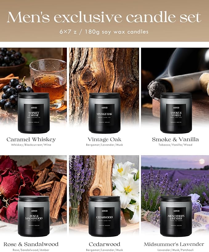 AOOVOO Scented Candles Set for Men - 6 Pack Mens Candles for Home Scented, 42 oz Soy Wax, 300 Hour Long Lasting Candle, Soy Candle Gifts Set for Men, Birthday, Valentine, Christmas