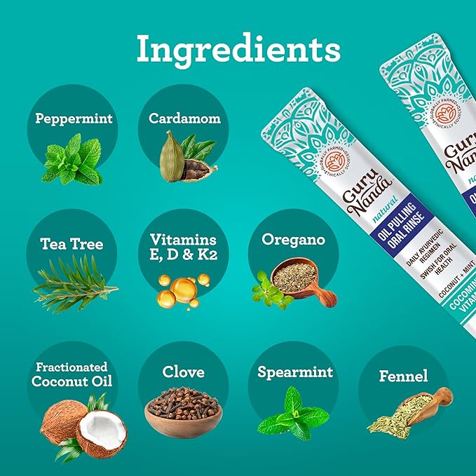 GuruNanda Travel Sachets Coconut Oil Pulling, Fresh Breath Mouthwash, 7 Essential Oils & Vitamins for Happy Teeth & Gums, 28 Sachets