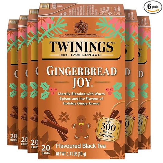 Twinings Gingerbread Joy Black Tea Individually Wrapped Bags, 20 Count (Pack of 6), Ginger & Cinnamon, Caffeinated, Enjoy Hot or Iced, 120 Teabags