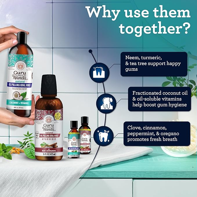 GuruNanda Ultimate Happy Gums Duo, with Alcohol & Flouride-Free Cocomint & Ashwagandha Oil Pulling, Ayurvedic Oral Care for Happy Gums & Fresher Breath