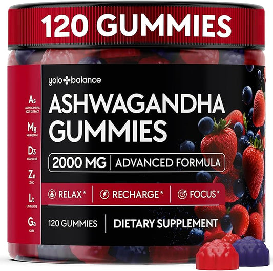 Ashwagandha Gummies – 120 Count - 2000 MG Ashwagandha Supplements with L-Theanine, GABA, Magnesium, Zinc & Vitamin D3 – Sugar-Free, Vegan, Non-GMO–Natural Support for Balance