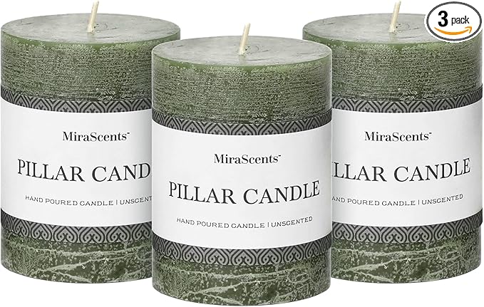 3x4 Inch Moss Green Pillar Candles - Set of 3, Long Clean Burning, Smokeless Dripless Candles for Spring Home Decor, Dinner Table, Bathroom, Rustic Decor