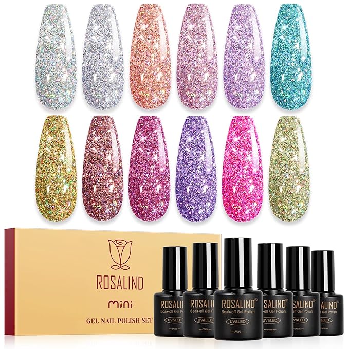 ROSALIND Glitter Gel Polish - 12 Colors Silver Gold Glitter Gel Nail Polish Set Sparkle Diamond Effect Soak Off UV Set Sparkling Glod Shimmer Nail Art Collection Manicure Gift for Women