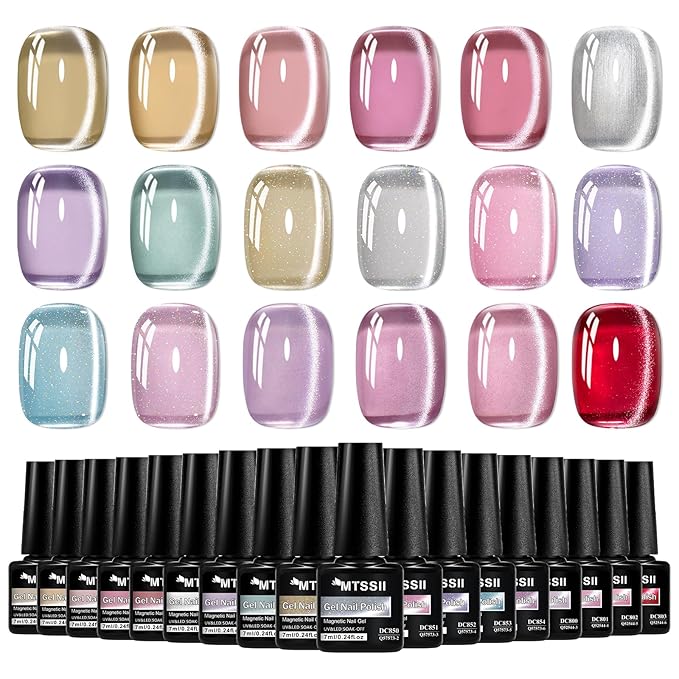 MTSSII 18PCS Cat Eye Gel Nail Polish Set with Magnet, Sea Spirit Magic Cateye Gel Polish Pink Green Blue Yellow Glitter Shinny Magnetic Nail Polish Soak Off LED Manicure Nail Art