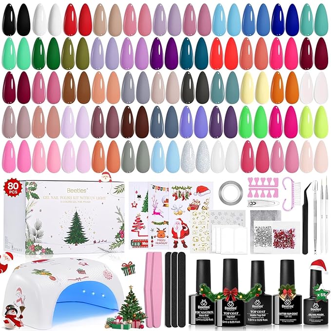 Beetles 80 Pcs Christmas Gel Nail Polish Kit with U V Light - 55 Color Gel Nail Kit Gifts for Teens Women Girls Soak Off Color Enchantment Winter Red Nails Art Home DIY Salon Beginners Manicure Set