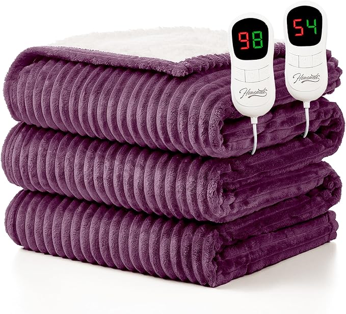 Homemate Electric Heated Blanket Queen Size - 84"x90" Heating Blanket Queen Size Dual Control 1/2/4/6/8 Hours Auto-Off 10 Heat Level Over-Heat Protection Soft Flannel Sherpa ETL Certification