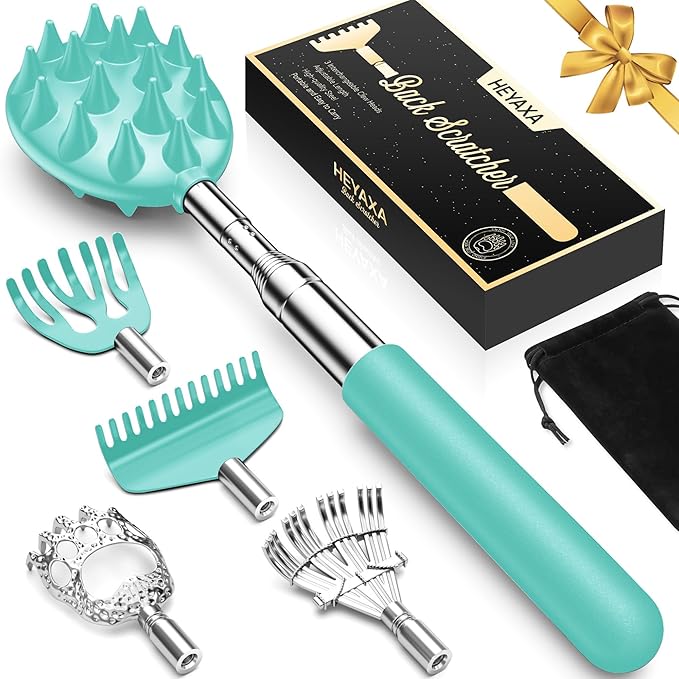 Upgraded Reinforced Telescoping Back Scratcher with 5 Detachable Heads, Larger Scratching Tips, Stocking Stuffer & White Elephant Gifts for for Men Women Adults