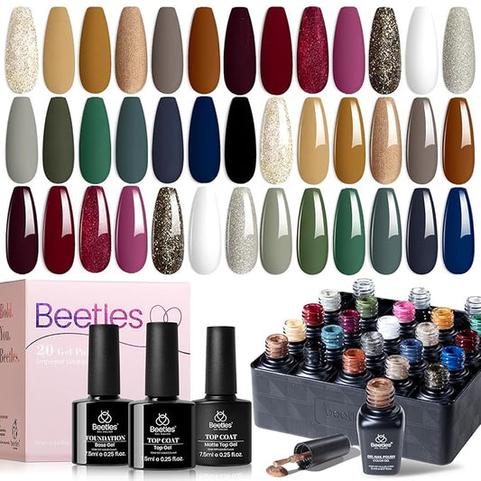 Beetles Fall Gel Nail Polish Set – Winter Sonata Gel Polish, 20 Colors Brown Burgundy Red Green Glitter Soak Off UV LED Gel Polish Kit with Base Coat Glossy Matte Top Coat Manicure Gift for Women