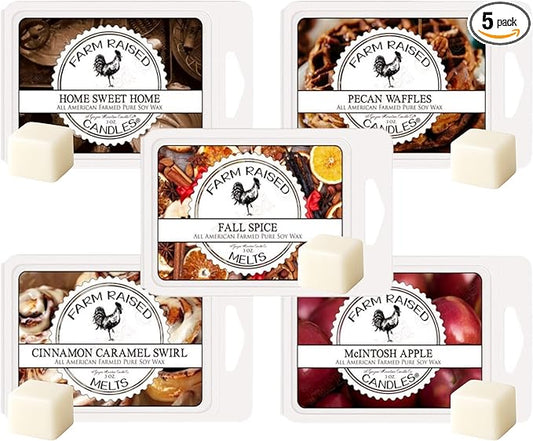 Farm Raised Candles – Fall Wax Melts Variety 1 LB Bundle (5 Packs, 16 oz) – Hand-Poured Soy Wax Cubes – Apple, Cinnamon, Pumpkin, Pecan Waffles – Fresh from The Farm Soy Wax Melts
