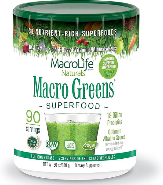 MacroLife Naturals Macro Greens Powder 38 Superfood Probiotic Antioxidant Enzyme & Herbal Supplement Immunity Energy Cleanse - Non-GMO Vegan Gluten-Free Dairy-Free (90 Servings)