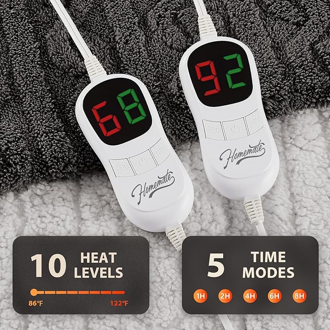 Homemate Electric Heated Blanket King - 100"x90" Heating Bed Blankets Throw with 10 Heating Levels 8 Hours Auto Off Fast Heating Over-Heated Protection Ultra Soft Warm Flannel ETL Certified