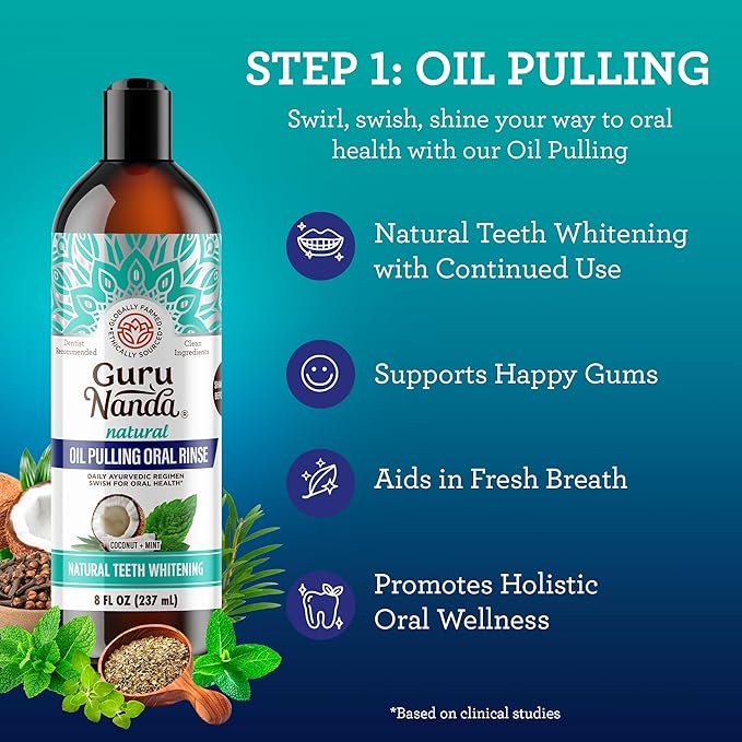 GuruNanda 7-Step Regimen 1.0 - Oil Pulling, Toothbrush, Tongue Scraper, Floss, Water Flosser, Mouthwash, Whitening Strips for Complete Oral Care (Pack of 8)