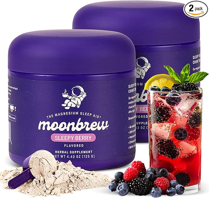 MoonBrew Nighttime Magnesium Sleepy Berry Smoothie, Natural Sleep Aid Drink Mix for Adults, 2-Pack - Calming Melatonin-Free Sleep Support with L-Theanine, Chamomile & Zinc Glycinate - 50 Servings