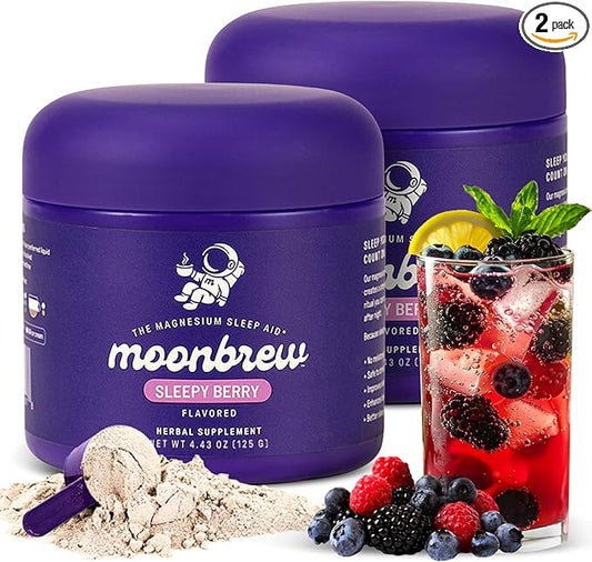 MoonBrew Nighttime Magnesium Sleepy Berry Smoothie, Natural Sleep Aid Drink Mix for Adults, 2-Pack - Calming Melatonin-Free Sleep Support with L-Theanine, Chamomile & Zinc Glycinate - 50 Servings