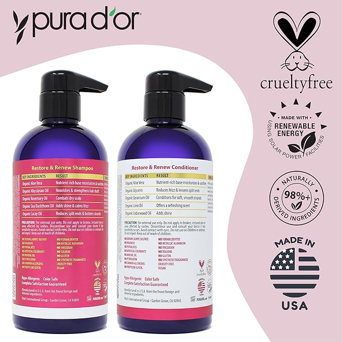 PURA D'OR Restore & Renew Conditioner (16oz) with Coconut Oil, Seaberry Oil, Aloe Vera, Glycerin, Geranium Oil, Lime Oil, & Cedarwood Oil for Nourishing, Detangling, Moisturizing, and Enhancing Shine