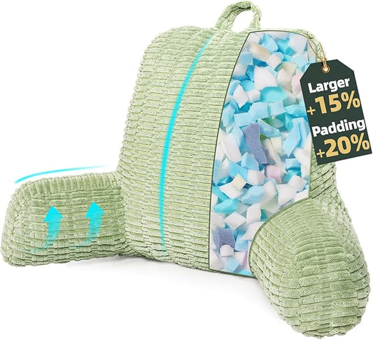 21" Higher Large Reading Pillow for Bed Adult, Back Pillow for Bed Sitting Up with Memory Foam Back Support with Arms Rest for Couch Chair Green