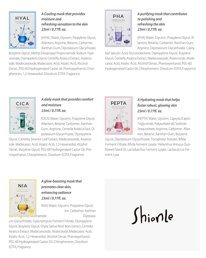 SHIONLE 10 Combo Pack A Vital Facial Sheet Mask, 5 Types Essence Korean Skincare Self Care Home Spa Treatment Face Mask, Hydrating Nourishing Soothing for All Skin Type