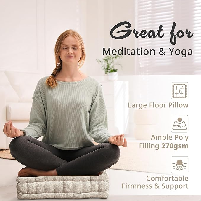 Intelligent Design Azza Floor Pillow, Large Cushions Sitting for Adults, Floor Pillow for Meditation or Yoga, Lustrous Chenille Tufted with Scalloped Edges for Bench/Chair Cushion, 20"x20"x5" Ivory