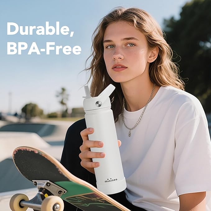 Insulated Stainless Steel Water Bottle with Straw, Ceramic-Lined, BPA-Free & Leak-Proof, 24 oz, White