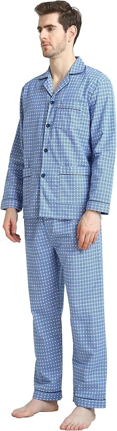 GLOBAL Men's Pajamas Sets 100% Cotton Flannel Sleepwear Long-Sleeve top & Bottom