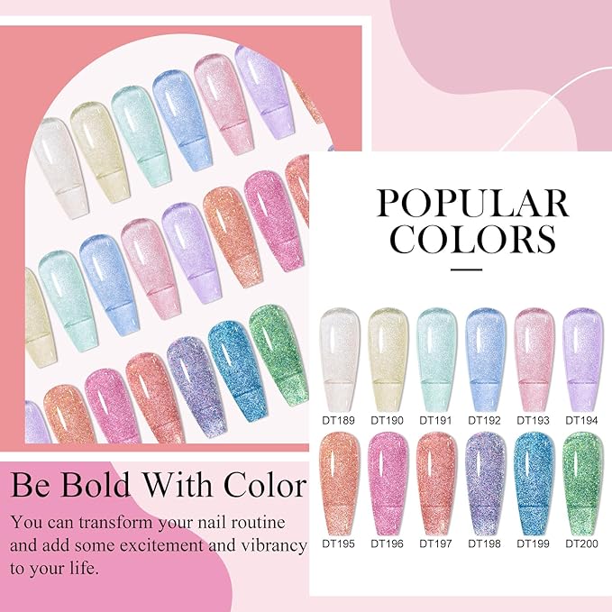 MEET ACROSS Reflective Glitter Gel Polish Jelly Purple Pink Glitter Sparkly Shiny Disco DJ LED Gel Nail Polish Nail Varnish 12PCS