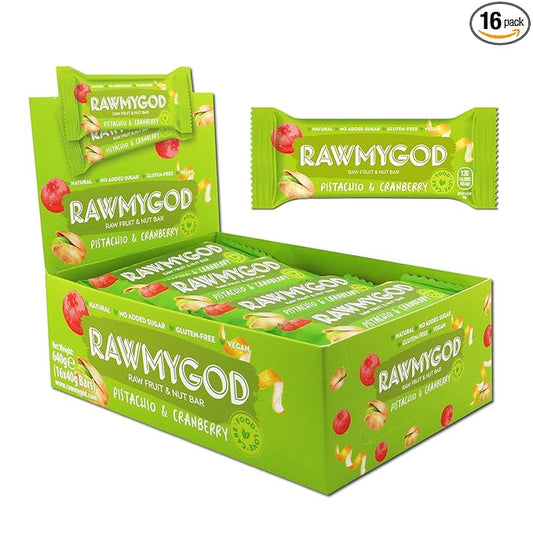RAWMYGOD Fruit and Nut Bars, Gluten Free, Vegan, No Added Sugar (16 bars, Pistachio & Cranberry)