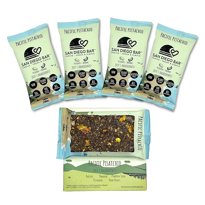 San Diego Bar - Pistachios + Banana | 10g Protein | Raw & Vegan Energy Meal Bars | Gluten & Soy Free | No Added Sugar | Only 6 Whole Food Plant-Based Ingredients | All Natural Clean Pacific Pistachio Breakfast Bar (2.22 Oz Each - 4 Pack)