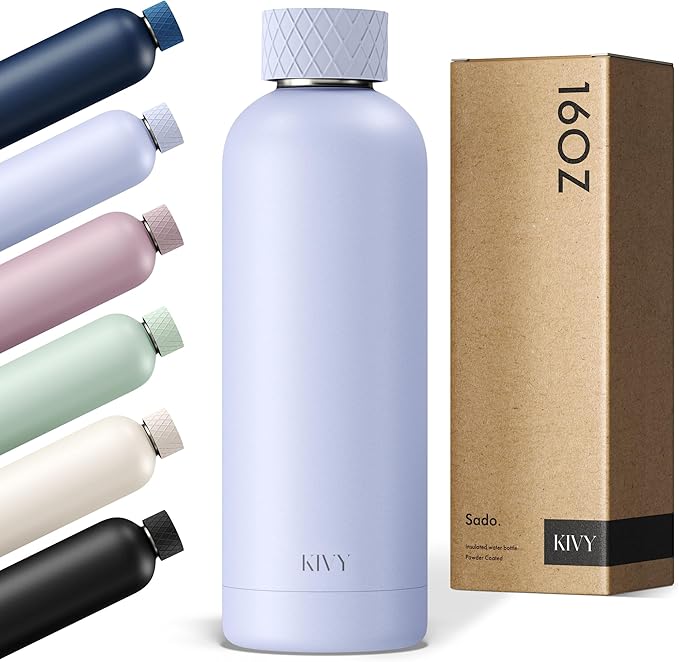 KIVY Stainless Steel Insulated Water Bottle 16oz | Leak Proof BPA-Free Metal Water Bottle - Slim water bottle no straw - Blue water bottle screw top