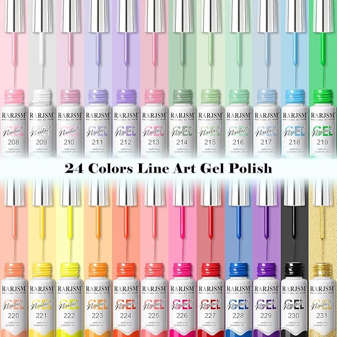 RARJSM Gel Liner Nail Art Kit - 24 Bright Shades, Pink, Green, Blue, Gold Glitter - Soak Off, Curing Need - 5ml Dispensers