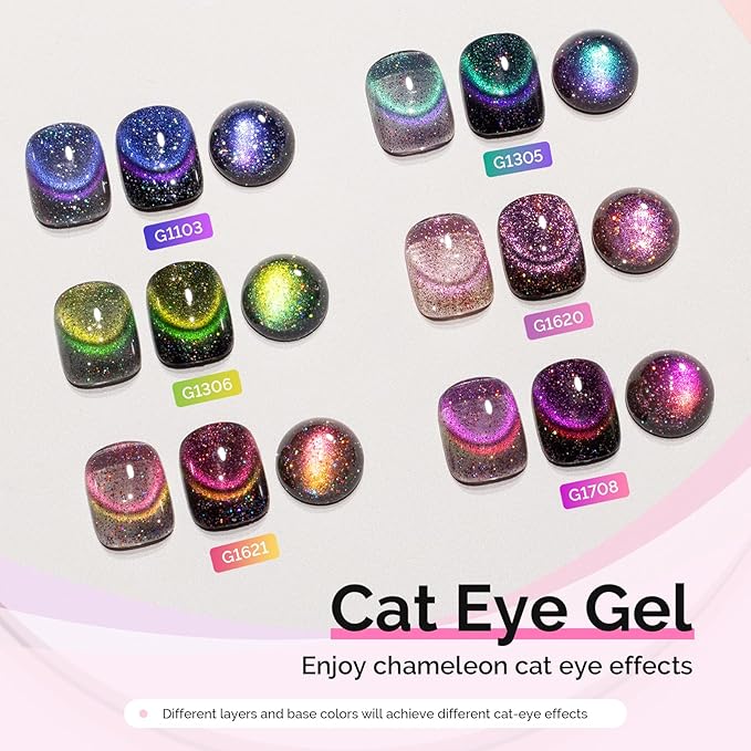 MelodySusie Chameleon Cat Eye Gel Nail Polish Set 6 PCS, 15ml 0.5 Fl Oz Nude Pink Silver Glitter Holographic Magnetic Nail Polish with Magnet, UV Nail Polish for Nail Art Manicure Salon DIY at Home