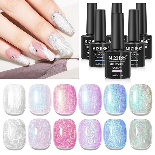 MIZHSE Pearl Gel Nail Polish, 6 Colors Iridescent Mermaid Gel Polish Set, Drawing Nail Shell Thread Effect Shimmery White Pink Purple Soak Off Nail Art Manicure Home Gift for Wome