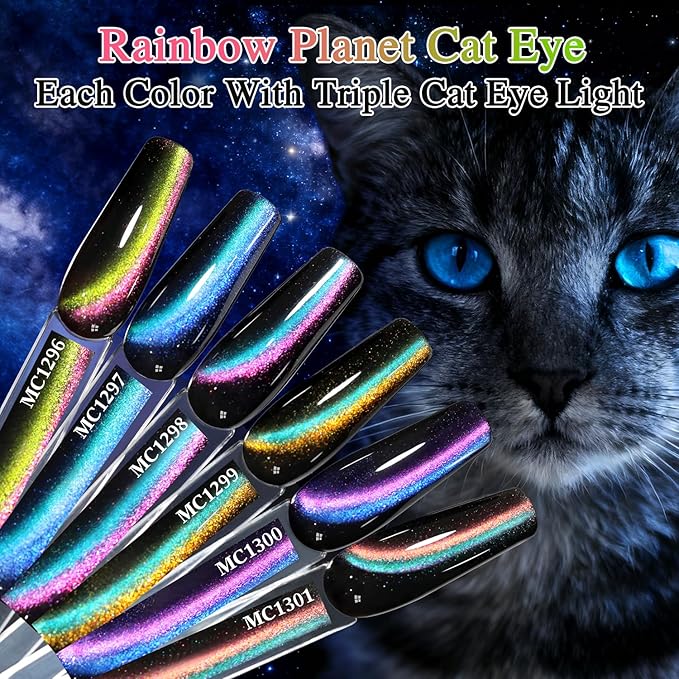 Double Rhythm Cat Eye Gel Nail Polish Set of 6 Same Color Same Bottle 0.5 Oz Shimmer Glitter with Magnet Holographic Reflective Magnetic UV Nail Polish Kit at Home (Holographic Rainbow-T6-88)
