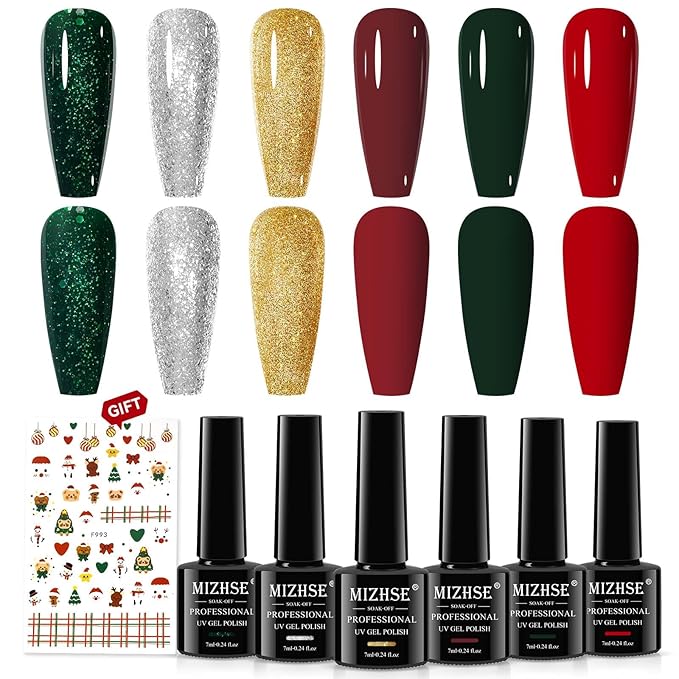 MIZHSE Christmas Gel Nail Polish, 6 Colors Sparkle Green Glitter Gold Silver Gel Polish Dark Green Red Gel Polish Kit, Long Lasting Soak Off Nail Art Manicure Home New Year Gift for Ladies
