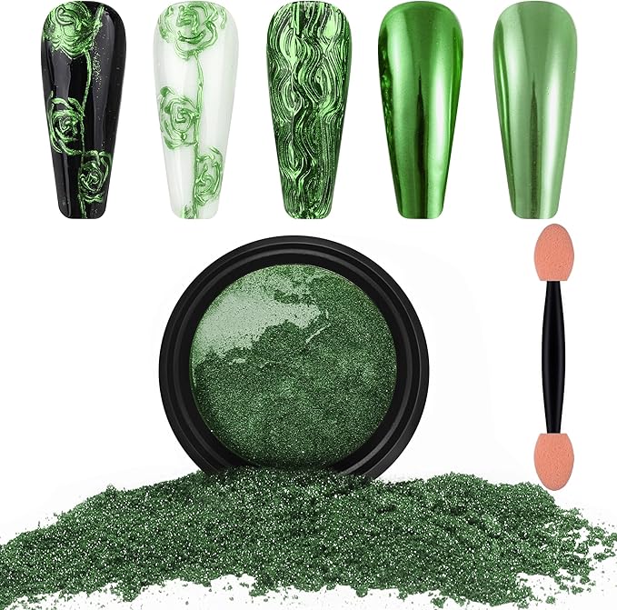Artdone Chrome Nail Powder, Dark Green Iridescent Aurora Powder Metallic Mirror Effect Pigment Pearlescent Mermaid Pigment Pearl Glitter Dust Kit, Nail Art Decoration, Resin Craft