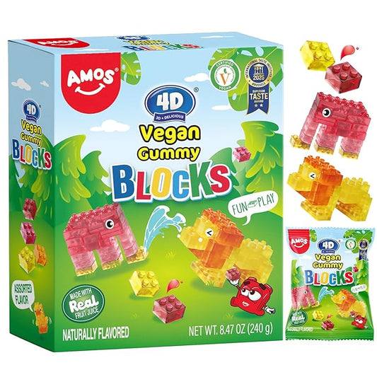 AMOS 4D Vegan Gummy Blocks Candy – Assorted Fruit Flavors, Made with Real Juice, Fun-to-Build Edible Blocks, Fat-Free, 8.47oz (240g)