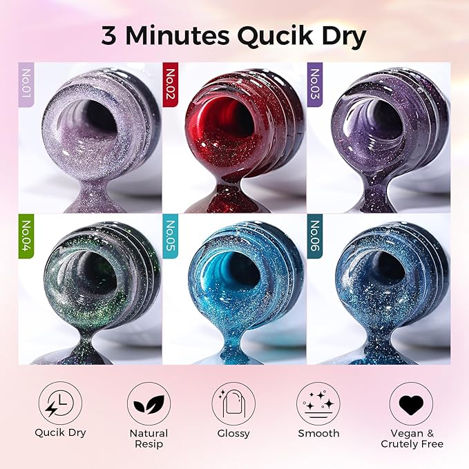 5-in-1 Cat Eye Gel Polish Kit, 6PCS-7.5ml No Base/Top Coat Needed, All-in-One Formula, Beginner-Friendly Magnetic Nail Art Set with Magnet Sticks, Fast Curing for Home DIY Manicure