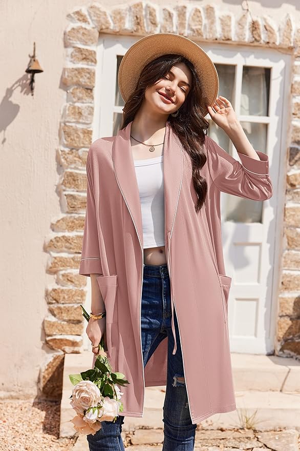 Ekouaer Women Robes Shawl Collar Bathrobe Short Kimono Robe Soft Knit Bathrobes Ladies Sleepwear with Pockets S-XXL