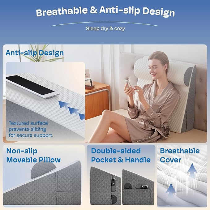 7.5" Bed Wedge Pillow for Sleeping with Headrest, Wedge Pillow Set for After Surgery Acid Reflux Back Pain Relief, Snoring & Gerd Memory Foam Triangle Incline Headboard Wedge Pillows