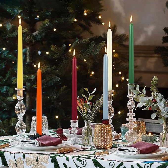 24 Pack 10" Tall Colored Taper Candles, Dripless Unscented Colorful Candlesticks for Birthdays Dinner Party Home Décor, Long Burning Spell Chime Candles for Meditation.