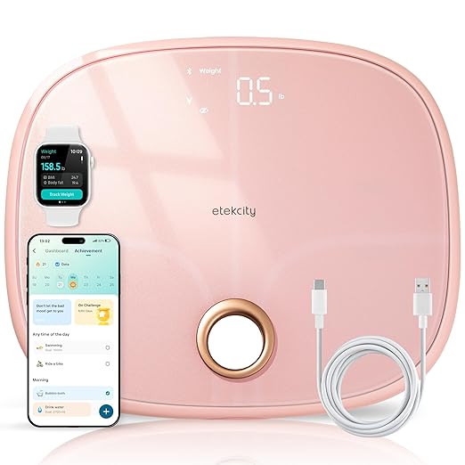 Etekcity Rechargeable Pink Smart Scale for Body Weight, BMI, Fat, Muscle Mass, Digital Bathroom Scale with 13 Metrics, Secret Mode, Bluetooth Connect to Free Apps, Cotton Candy Pink