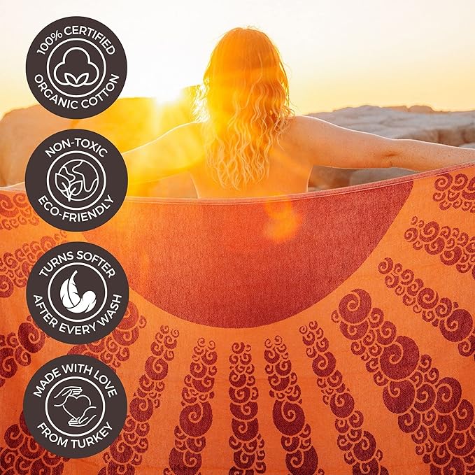 FESHKA Sand Free Turkish Beach Towel (37 x 67) Quick Dry Bath Towel, Oversized Beach Blanket, Lightweight for Travel - Made with 100% Organic Turkish Cotton - Golden Hour (Yellow/Maroon)