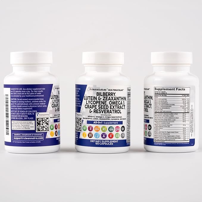 Clean Nutra Eye Vitamins with Bilberry Lutein and Zeaxanthin Supplements Lycopene 40mg Resveratrol Grape Seed Astaxanthin for Eyes - Eye Care Health Support Eye Vitamin and Mineral Supplement