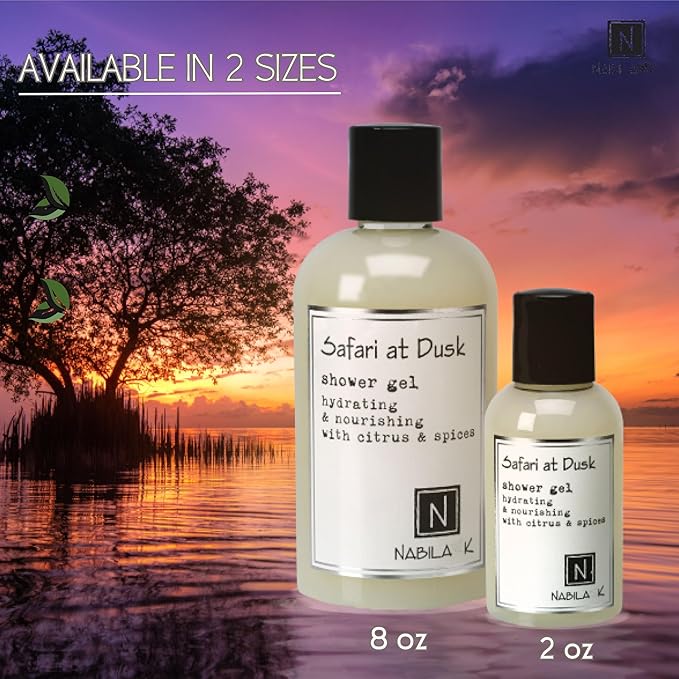 Nabila K Safari at Dusk Shower Gel, Travel Size Refreshing Body Wash with Citrus, Spice & Musk Fragrance, 2 oz - Naturally Derived, Sulfate-Free, Paraben-Free - Made in the USA
